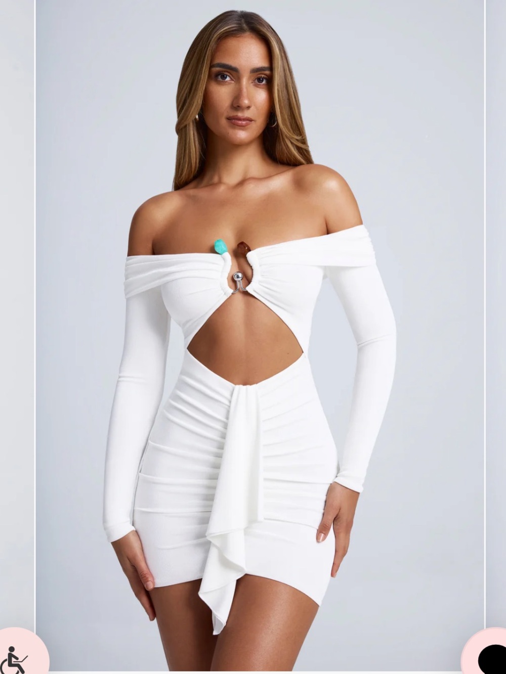 Oh Polly Saffron Hardware Detail Off Shoulder Cut Out Mini Dress White US 2 NWT